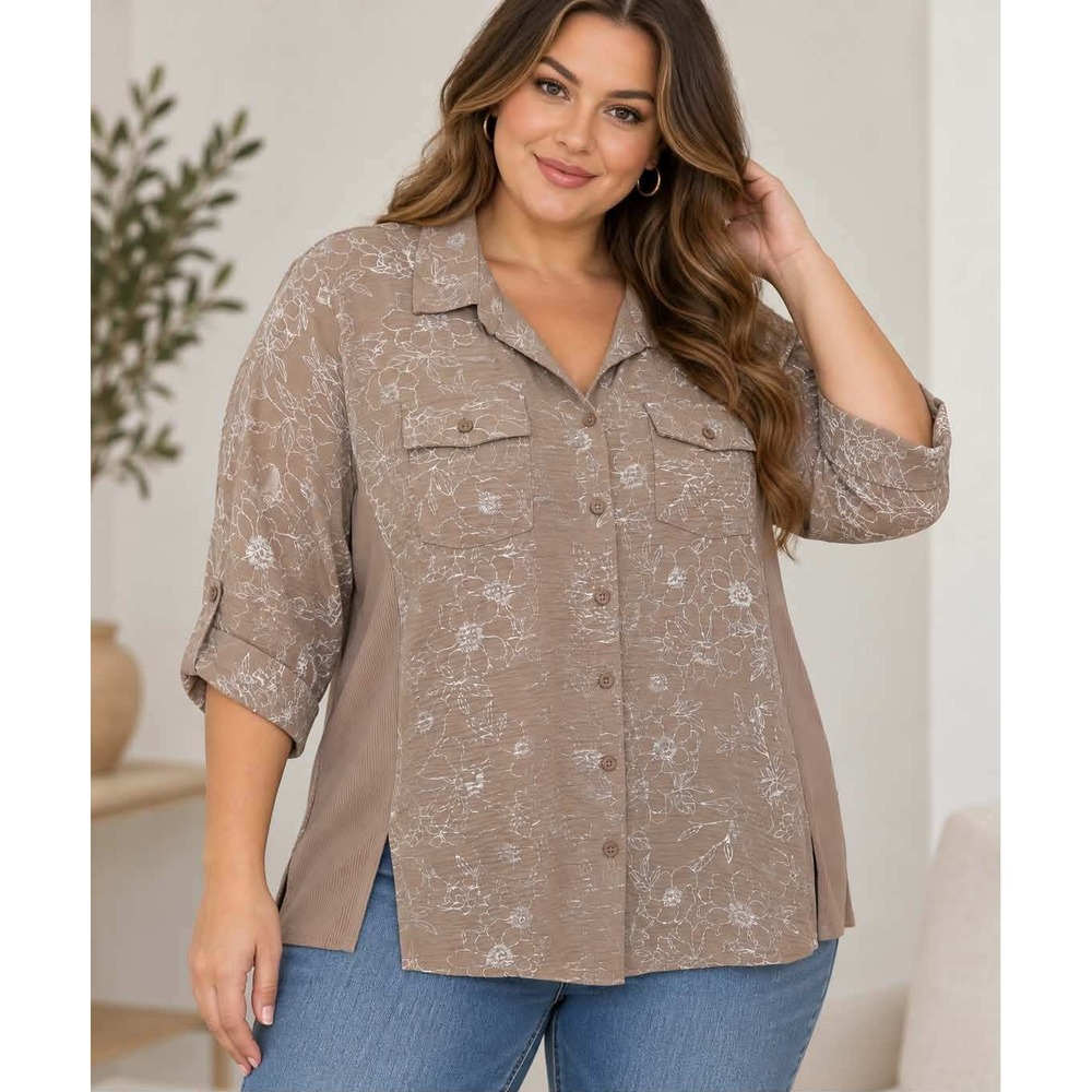 NWT CURE. Button Down Shirt Women 1X Taupe Silver Metallic Roll Tab Sleeve